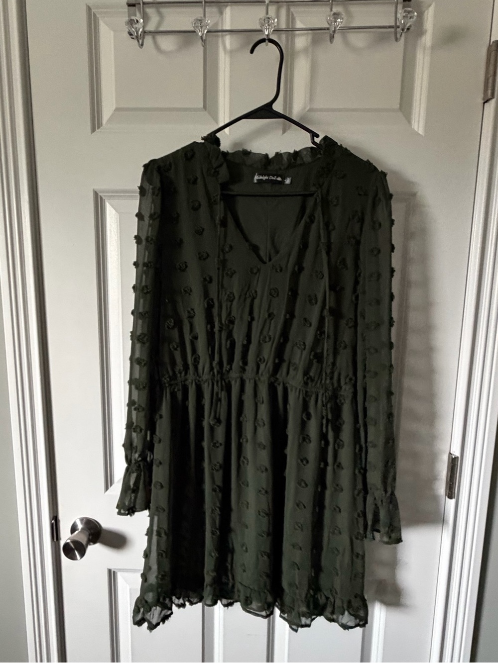 Midnight Doll Olive Green Swiss Dot Ruffle Mini Dress | XL